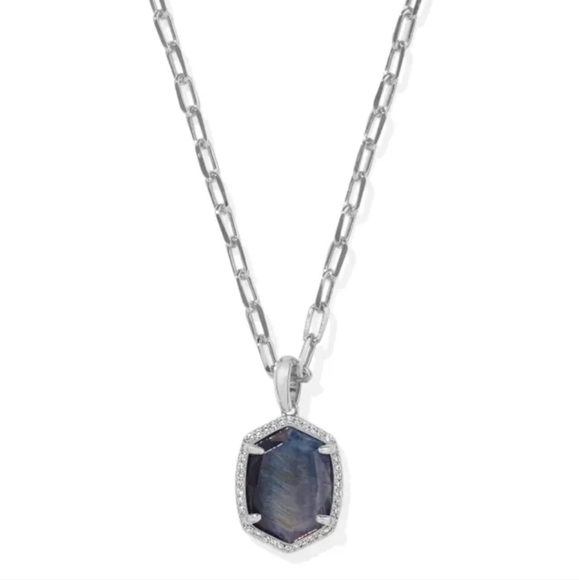 Kendra Scott Daphne Silver Pave Frame Short Pendant Necklace in Navy Tiger's Eye - Picture 1 of 7